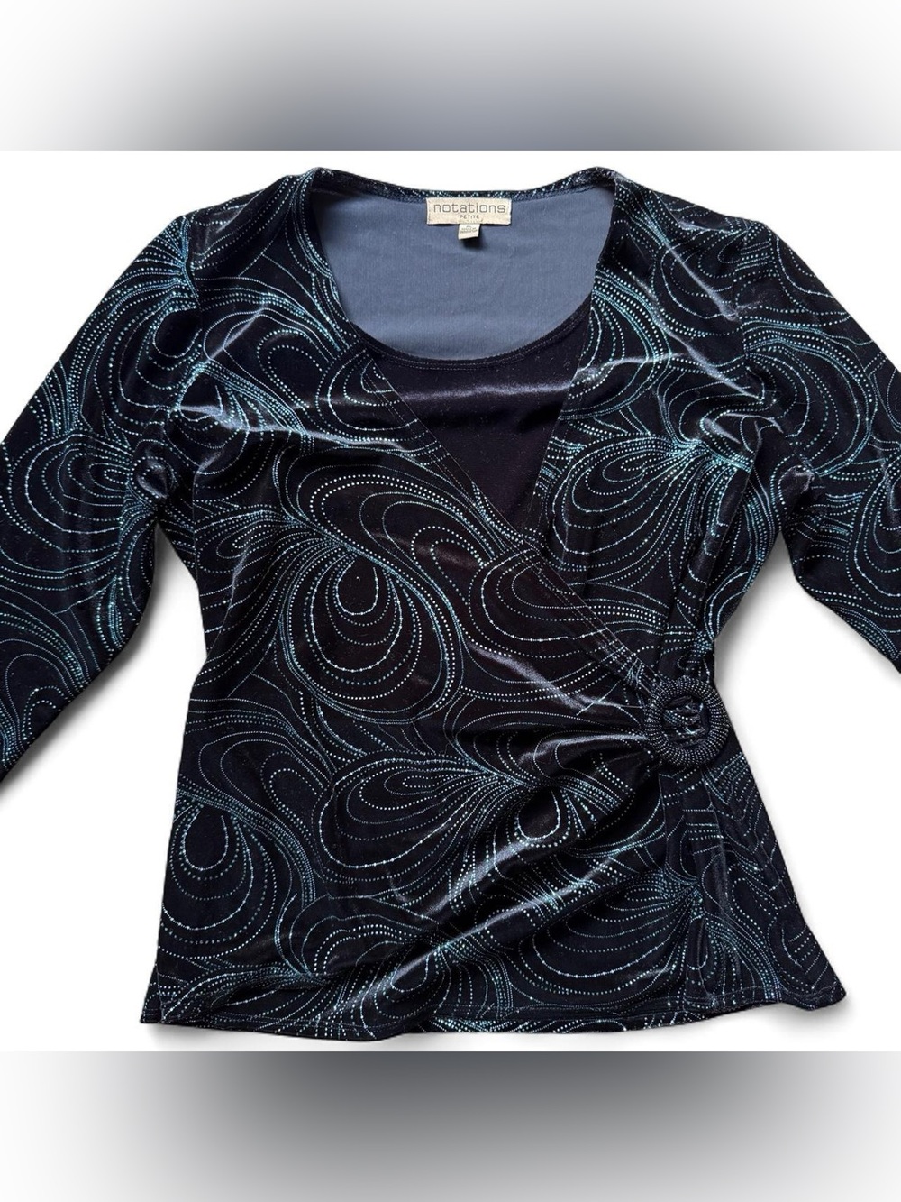 Vintage Y2K Velvet Faux Wrap Top Glitter Swirl Beaded Buckle